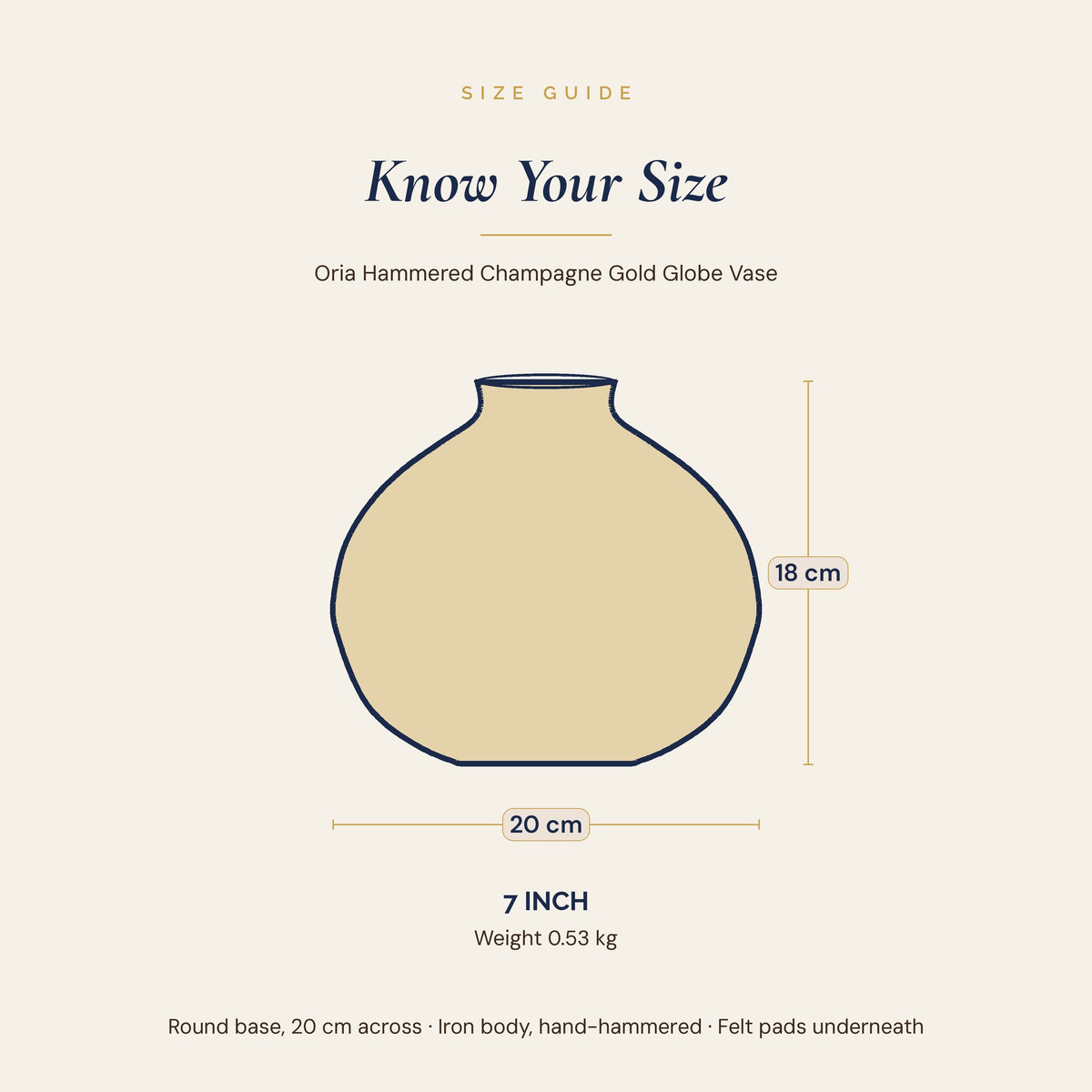 Oria 7 inch globe vase size guide showing 20 cm width and 18 cm height