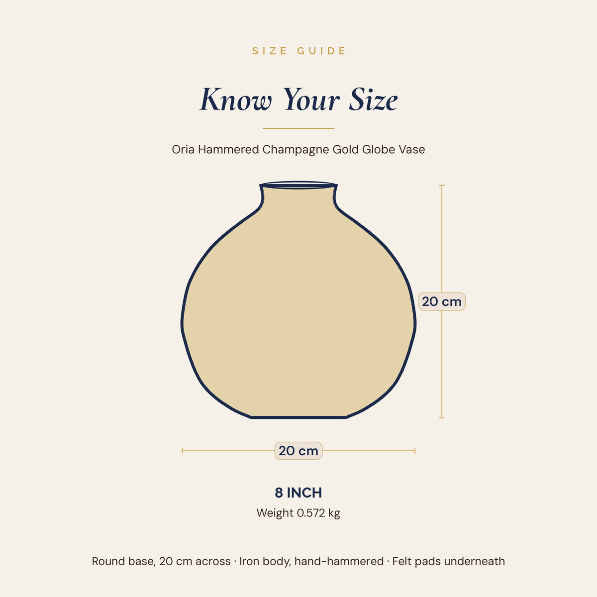 Oria 8 inch globe vase size guide showing 20 cm width and 20 cm height