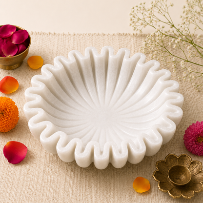 Ruffle Urli | Handcrafted White Marble | Decorative Bowl for Flowers & Ritual