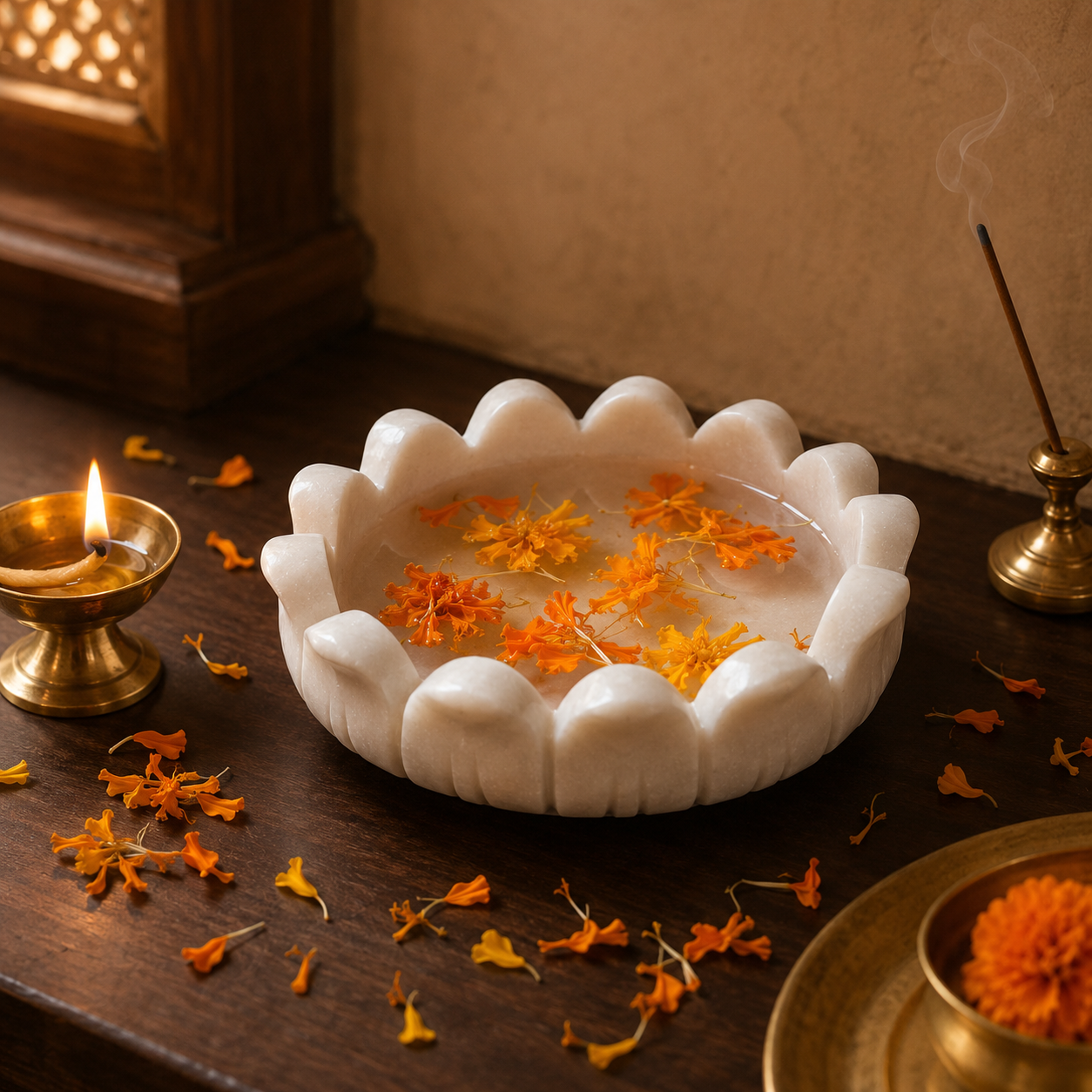 Padma Urli | Handcrafted White Marble | Decorative Bowl for Flowers & Ritual