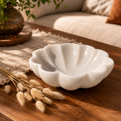 Scalloped Urli | Handcrafted White Marble | Decorative Bowl for Flowers & Ritual