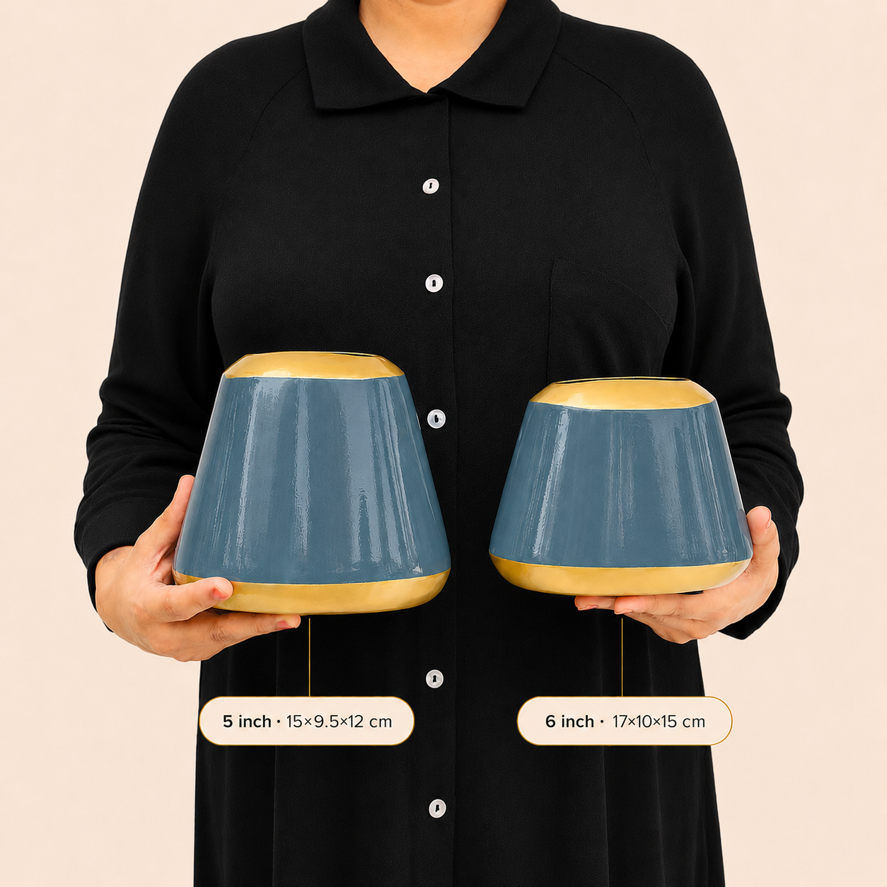 Elio Minimalist Dual Tone Decorative Vase | Steel Blue & Gold | Set of 2 Sizes