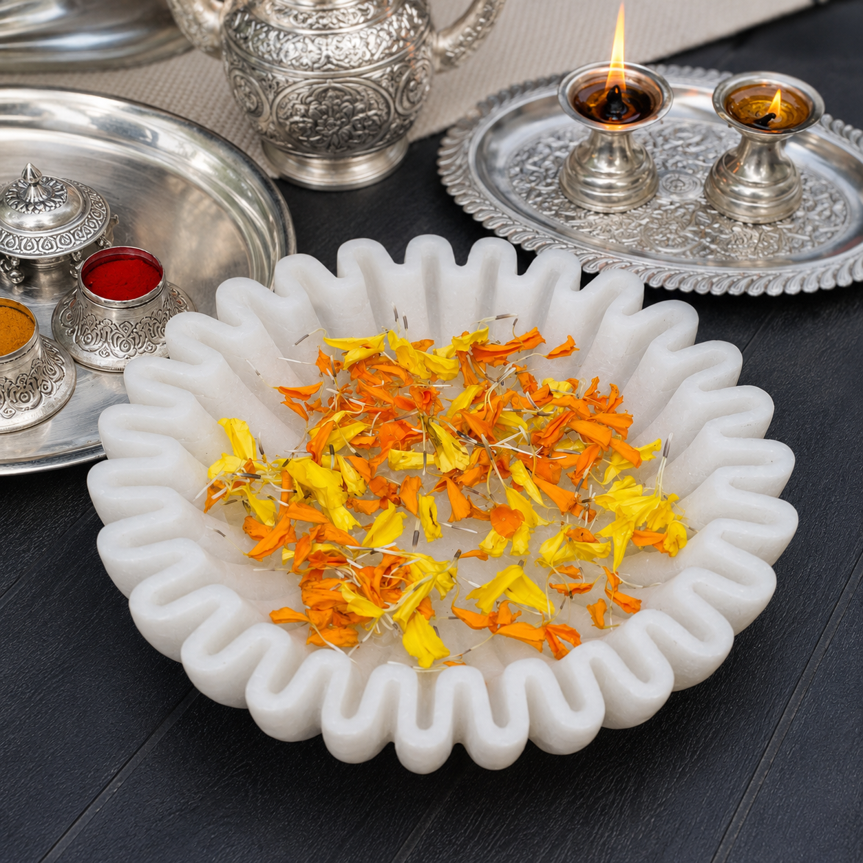 Ruffle Urli | Handcrafted White Marble | Decorative Bowl for Flowers & Ritual