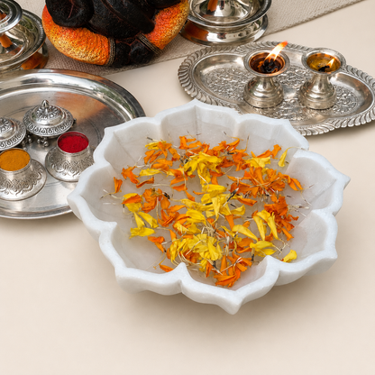 Lotus Urli | Handcrafted White Marble | Decorative Bowl for Flowers & Ritual