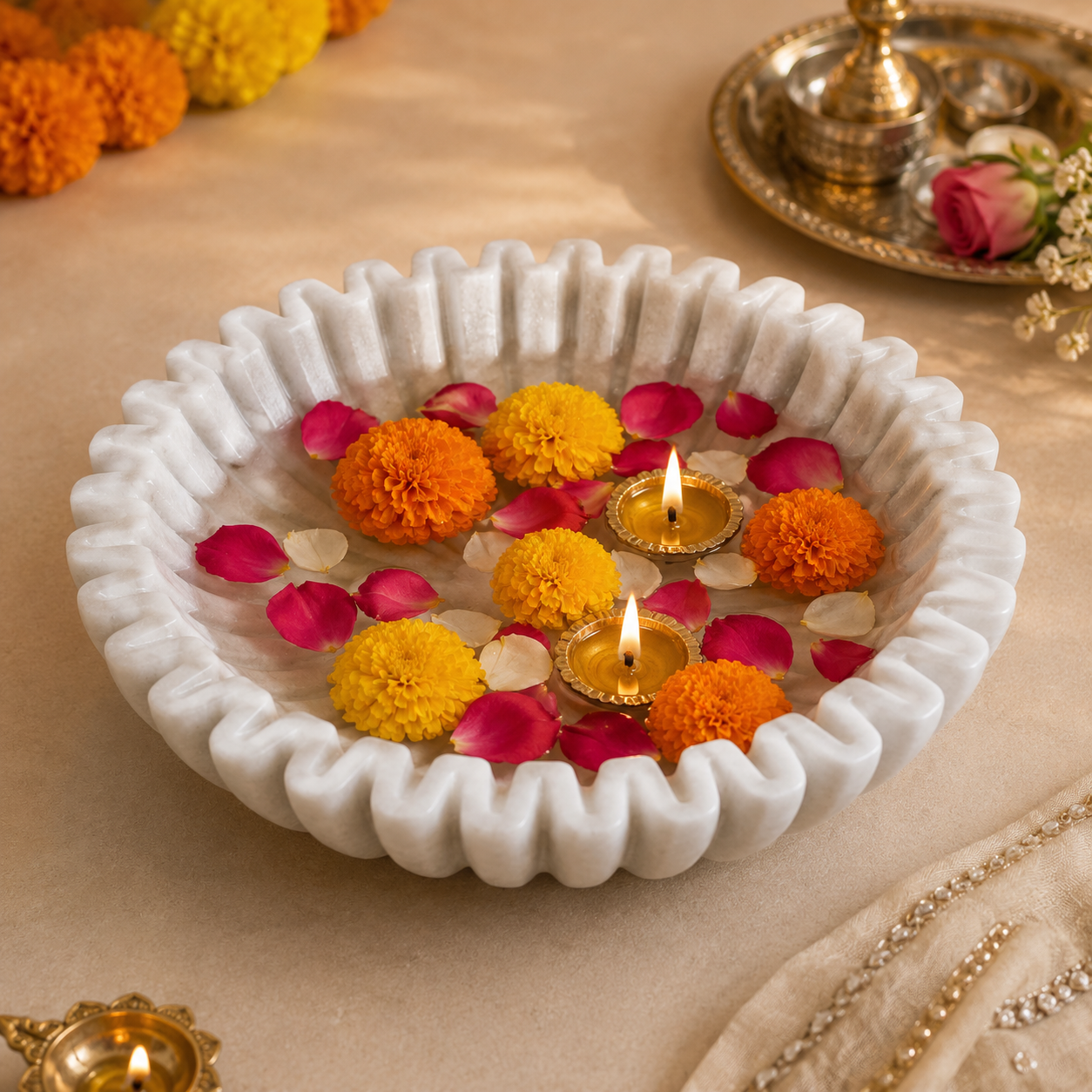Ruffle Urli | Handcrafted White Marble | Decorative Bowl for Flowers & Ritual