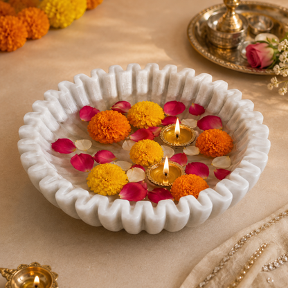 Ruffle Urli | Handcrafted White Marble | Decorative Bowl for Flowers & Ritual