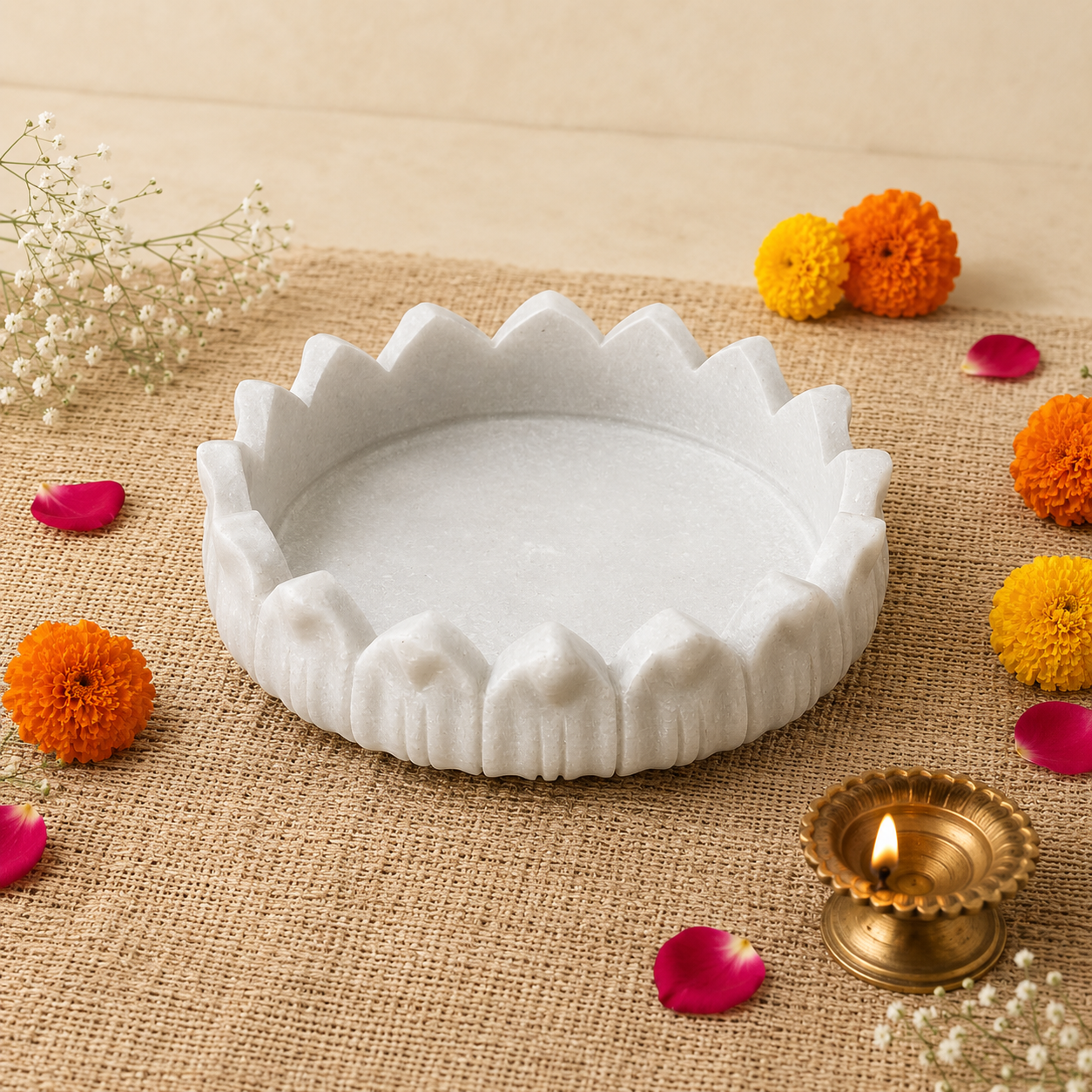 Padma Urli | Handcrafted White Marble | Decorative Bowl for Flowers & Ritual