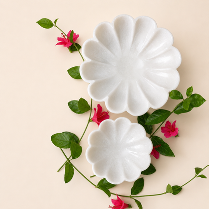 Scalloped Urli | Handcrafted White Marble | Decorative Bowl for Flowers & Ritual