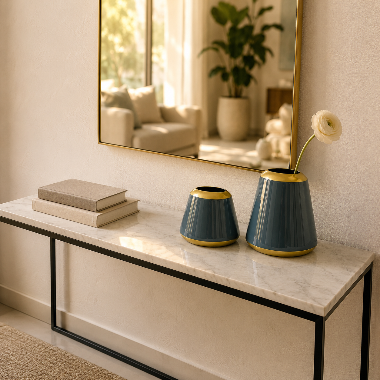 Elio Minimalist Dual Tone Decorative Vase | Steel Blue & Gold | Set of 2 Sizes