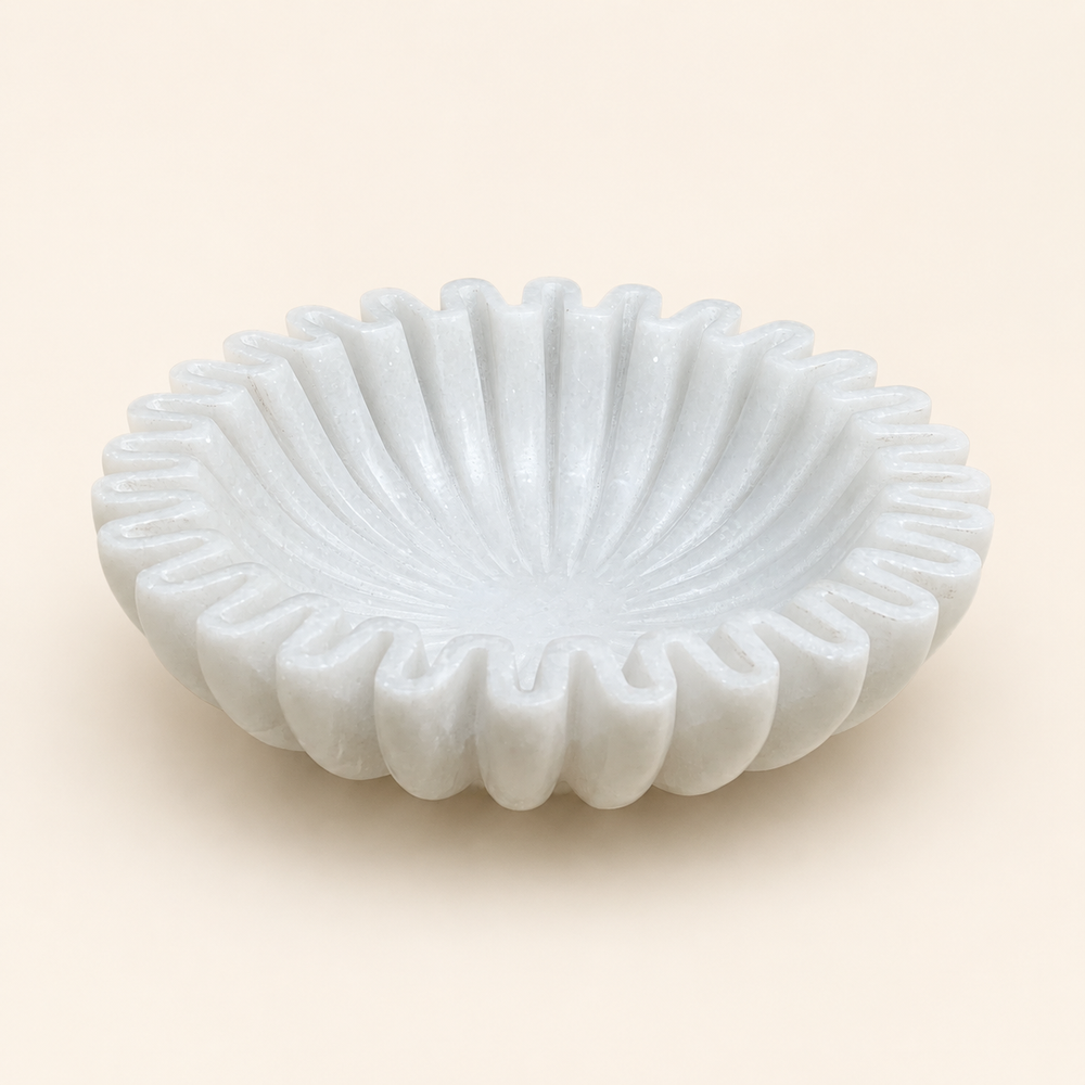 Ruffle Urli 6 inch, white marble bowl with a fluted ruffled edge