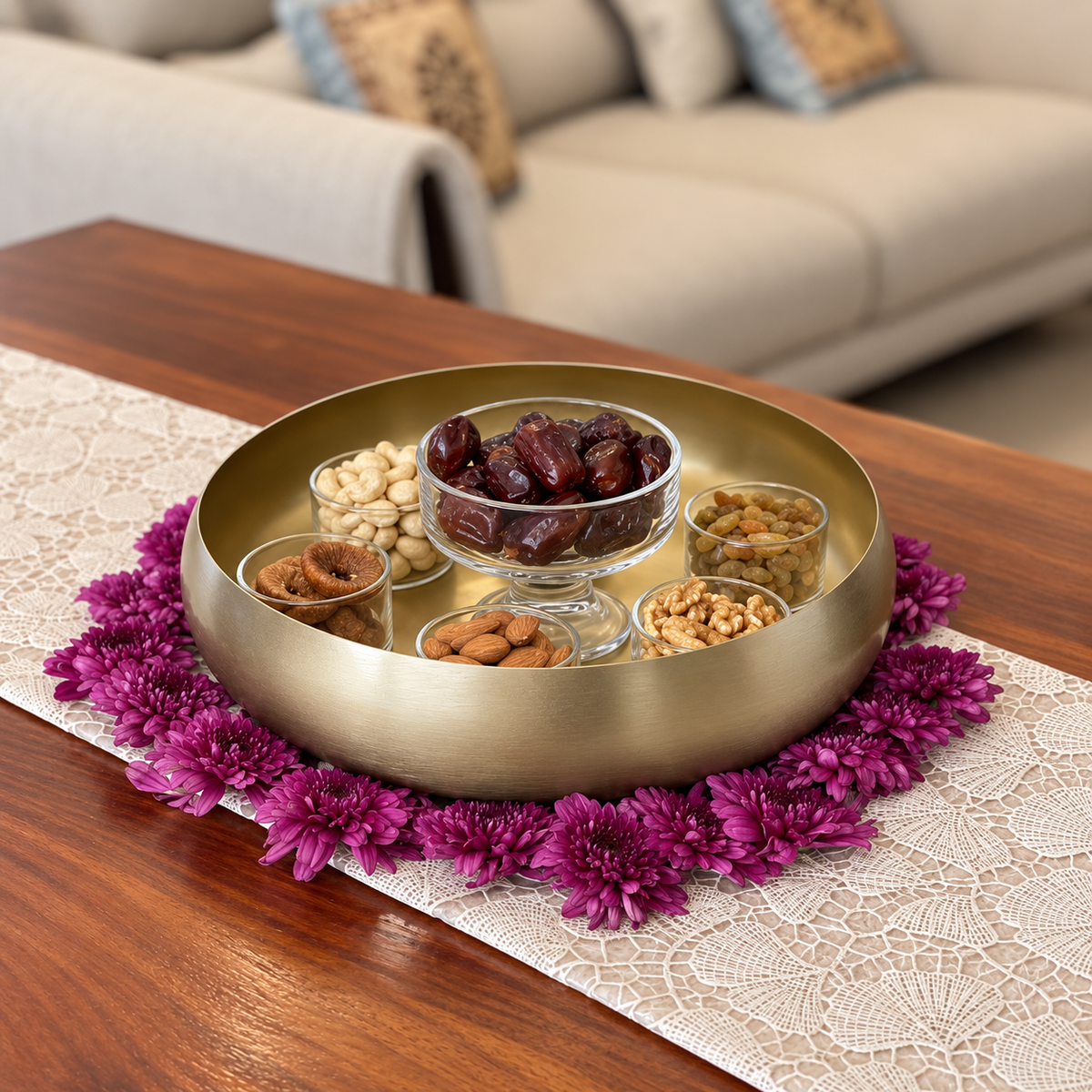 Ekam Metal Urli holding dry fruits at the centre of a ring of flower petals