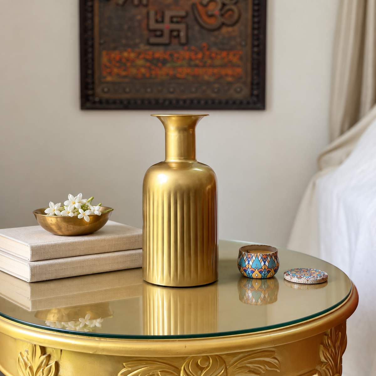 Alba vase on a gold side table with jasmine bowl and candle