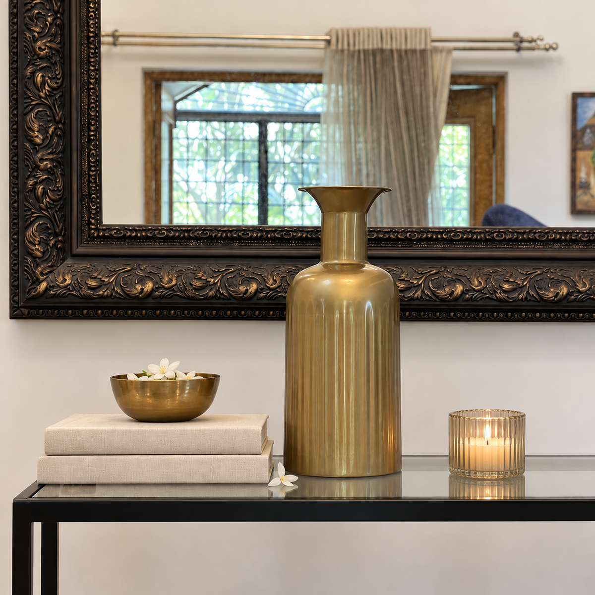 Alba vase on a console table with candle and jasmine
