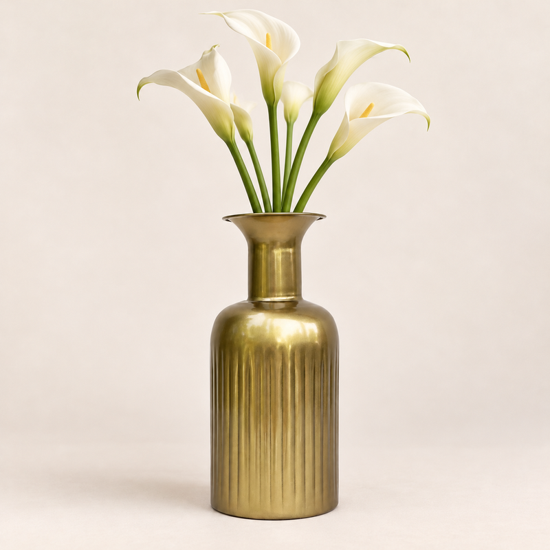 Alba fluted gold vase with white calla lilies