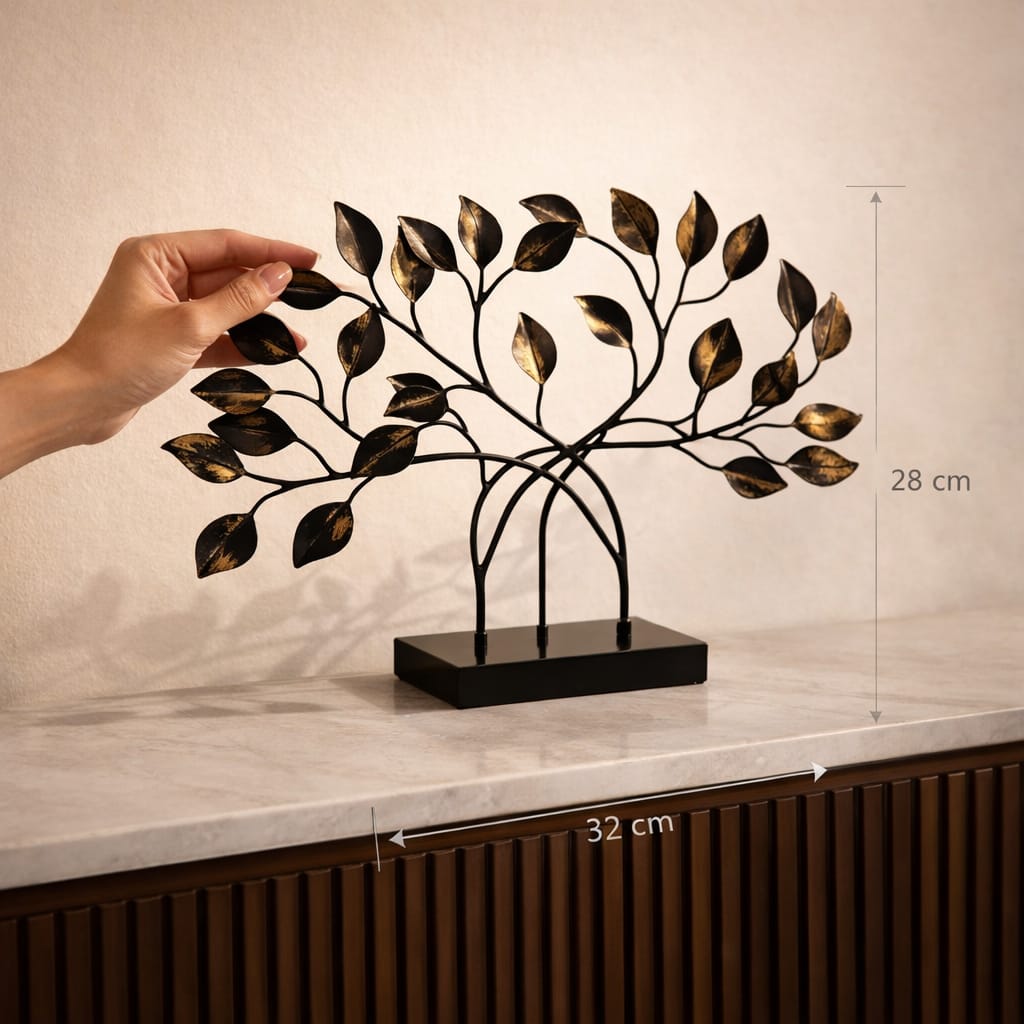 Modern metal tree sculpture showing 32cm width and 28cm height for tabletop placement.