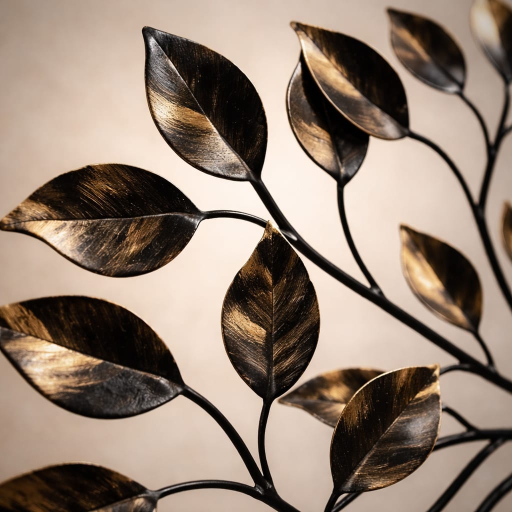 Detailed close-up of hand-finished gold-tipped leaves on a black metal branch, highlighting the antique texture.