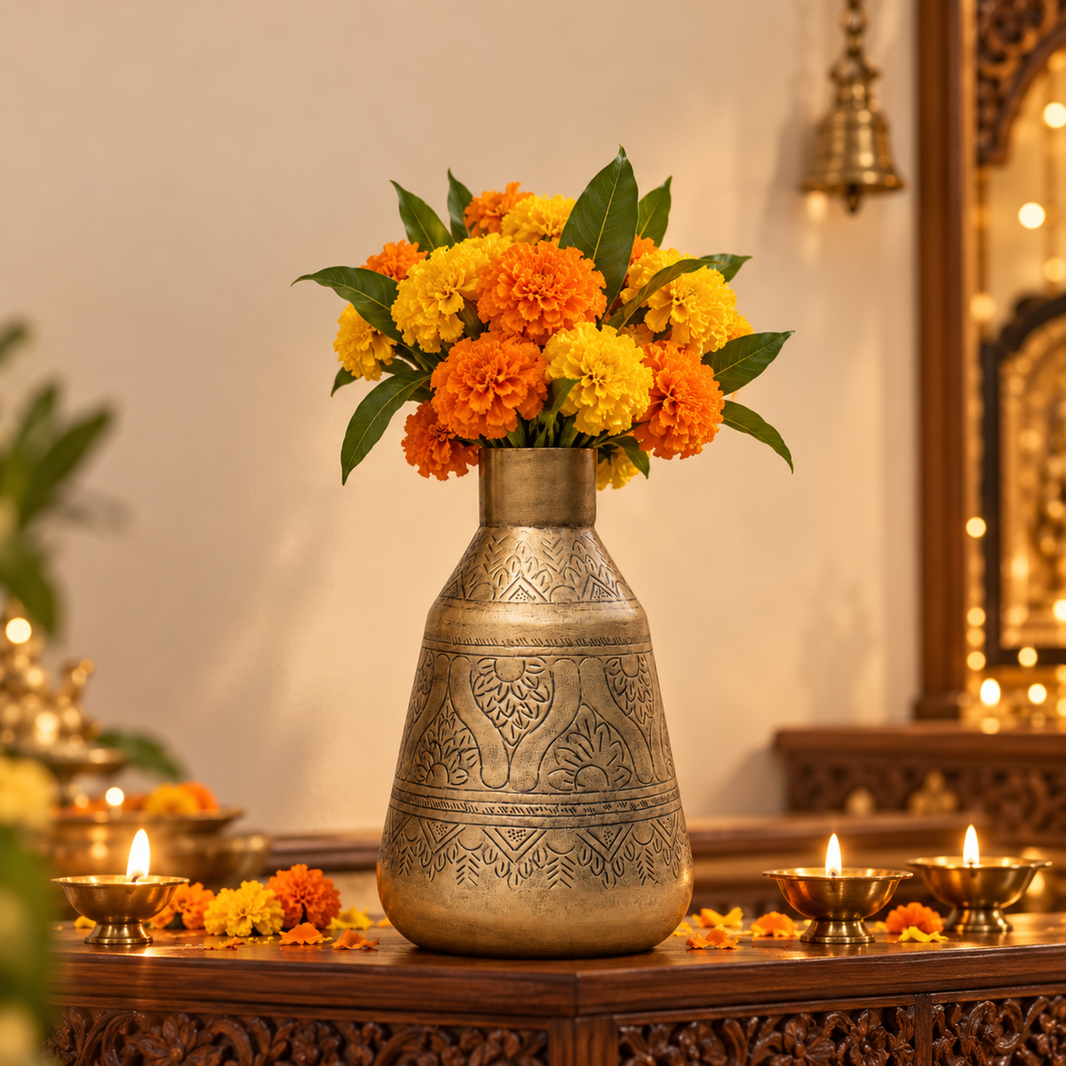 Aurum 12 inch vase with marigolds and diyas for Diwali