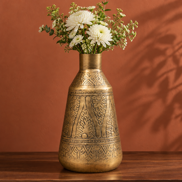 Aurum Hand-Etched Brass-Finish Vase · 15 Inch