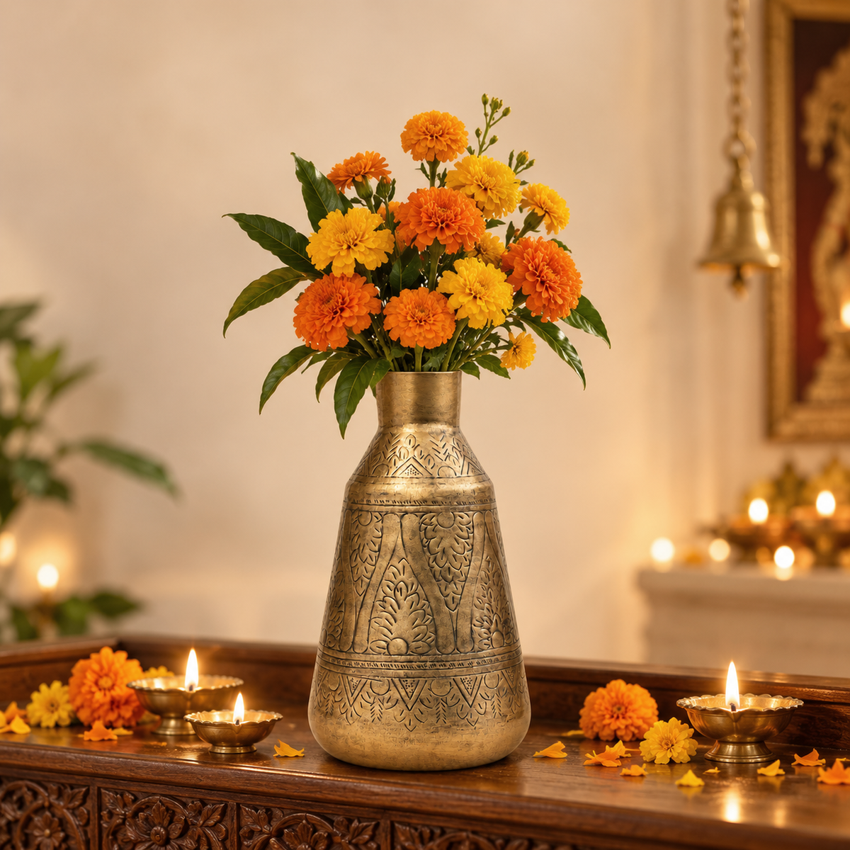 Aurum 15 inch vase with marigolds and diyas for Diwali