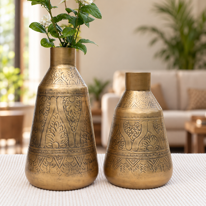 Aurum Hand-Etched Brass-Finish Vase · Set of 2