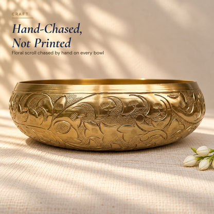 Close-up of the hand-chased floral scroll on the Chitra urli