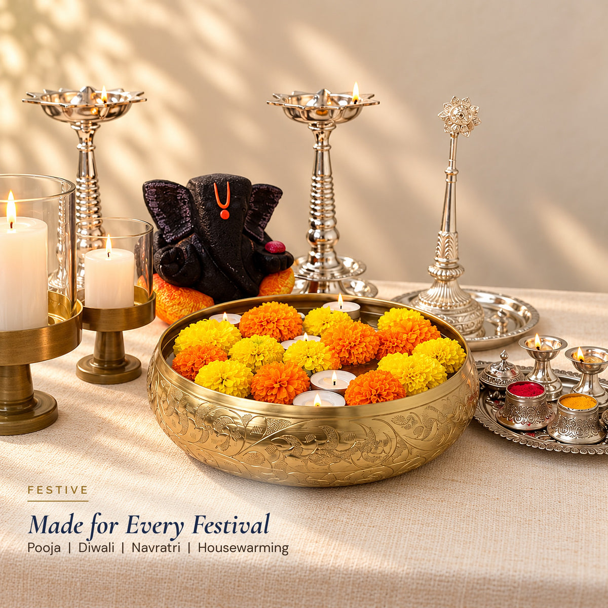 Chitra urli set up for a festive Diwali display with diyas and flowers
