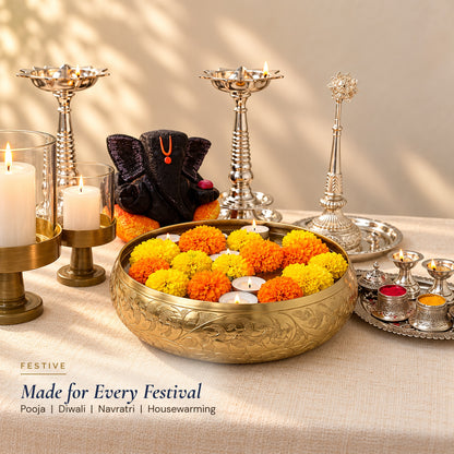 Chitra urli set up for a festive Diwali display with diyas and flowers