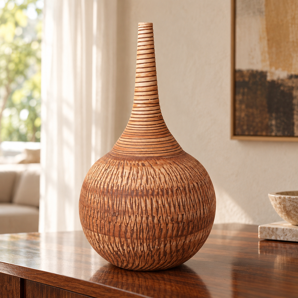Imber Long-Neck ceramic vase in Earthy Brown, front view