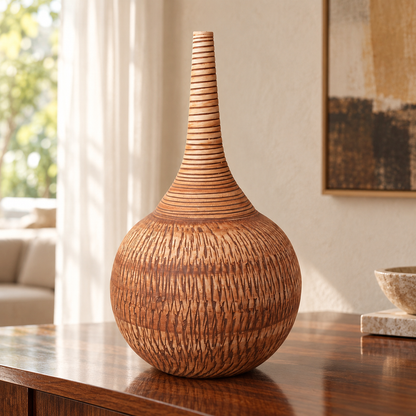 Imber Long-Neck ceramic vase in Earthy Brown, front view