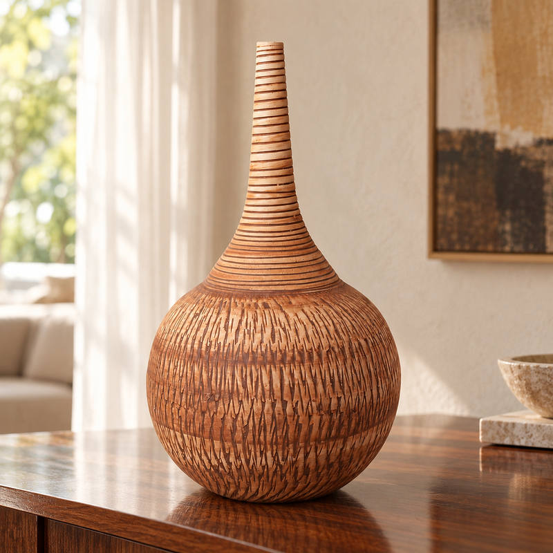 Imber Long-Neck ceramic vase in Earthy Brown, front view