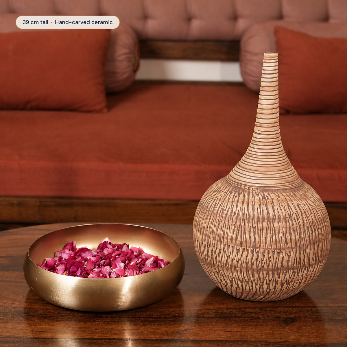 Imber Long-Neck ceramic vase in Earthy Brown, styled in a room