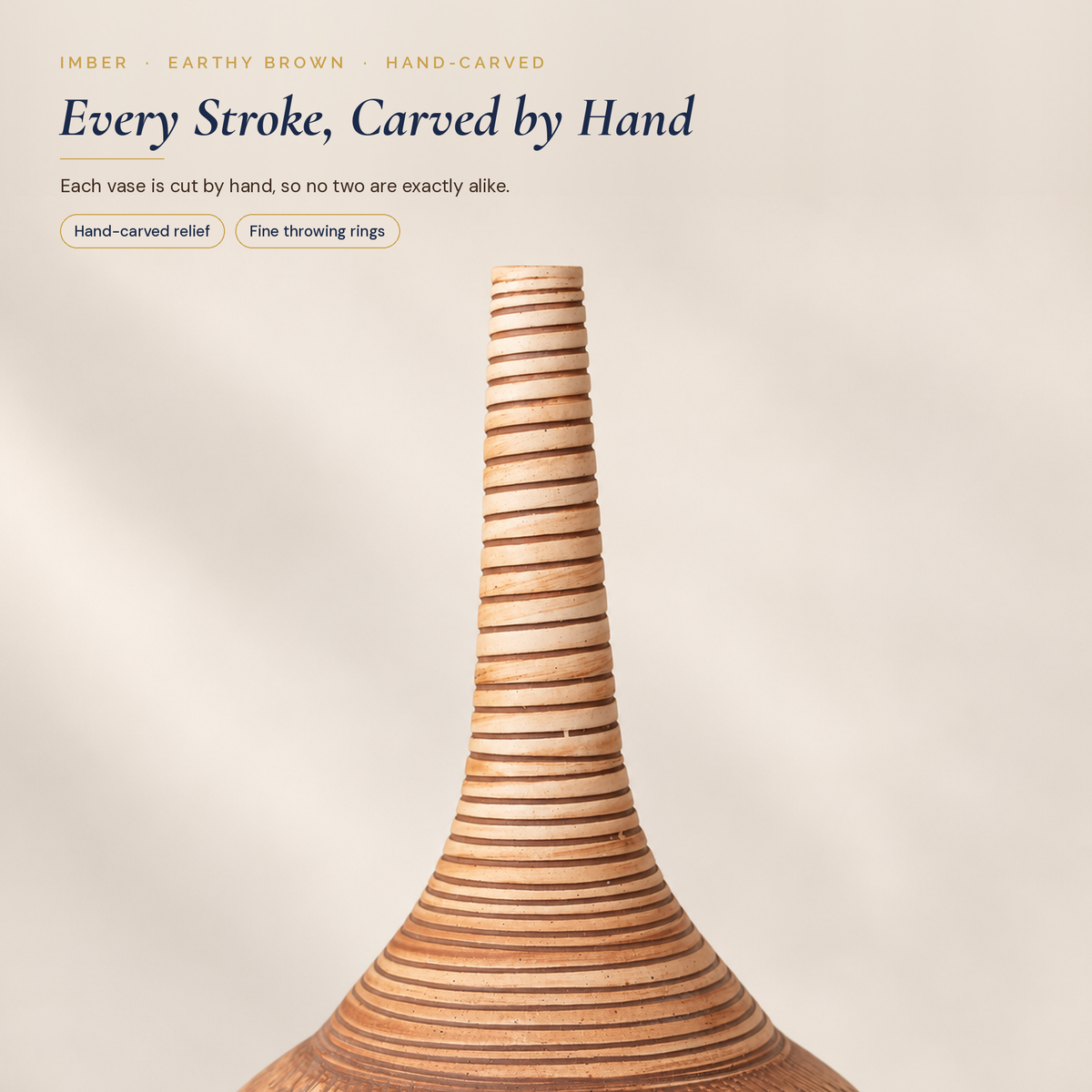 Hand-carved relief on the Imber Long-Neck vase in Earthy Brown, close-up