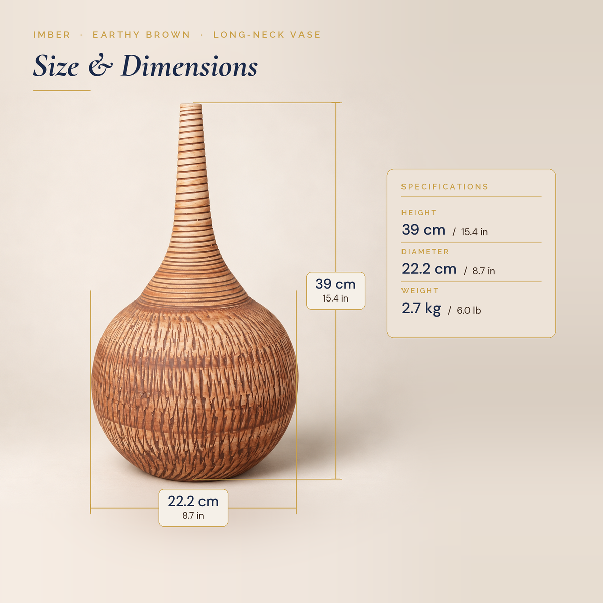Imber Long-Neck vase in Earthy Brown with dimensions