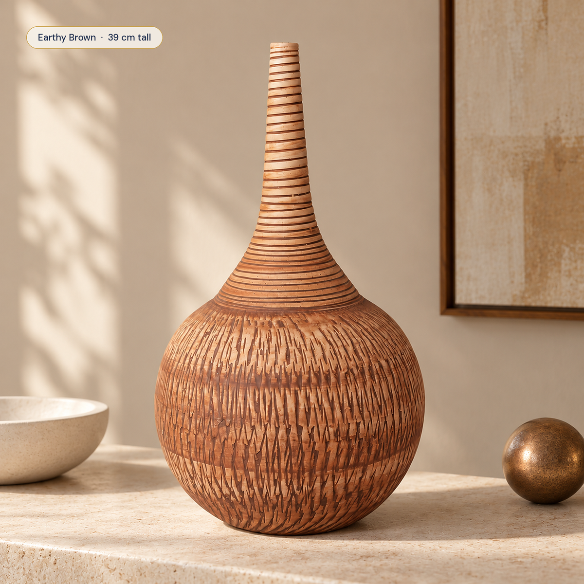 Imber Long-Neck ceramic vase in Earthy Brown in a modern interior