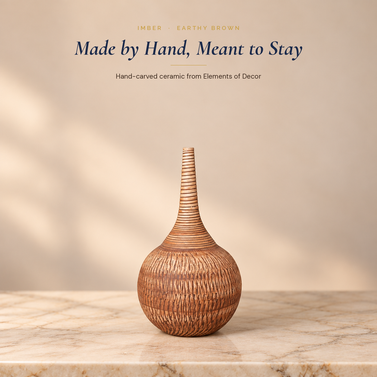 Imber Long-Neck vase in Earthy Brown, made by hand, meant to stay