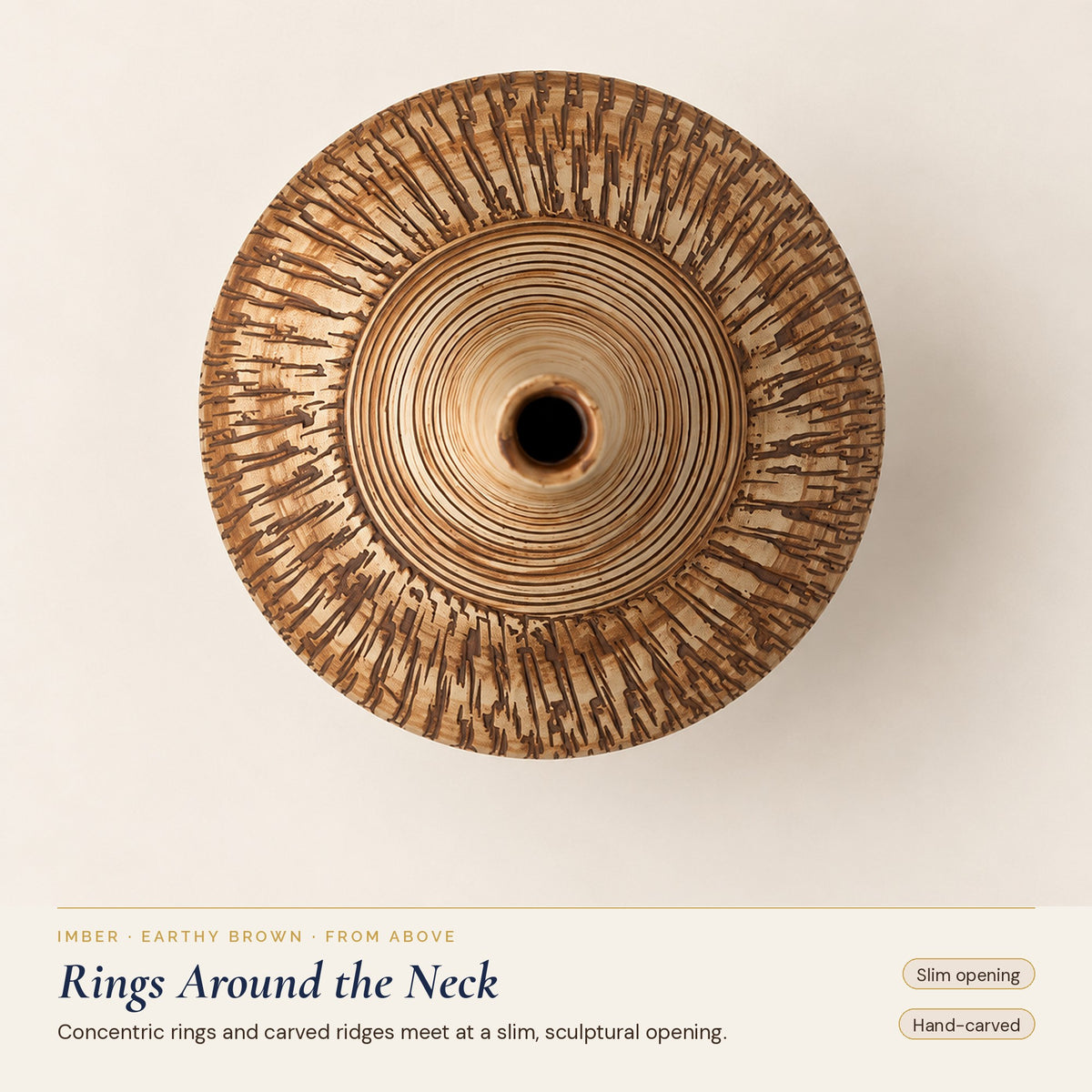 Imber Long-Neck ceramic vase in Earthy Brown, seen from above, rings around the neck opening