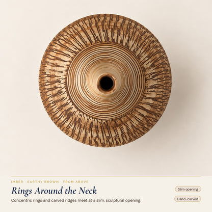 Imber Long-Neck ceramic vase in Earthy Brown, seen from above, rings around the neck opening