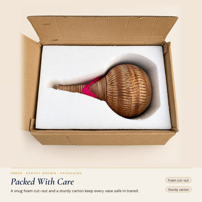 Imber Long-Neck ceramic vase in Earthy Brown, packed in its carton with a foam cut-out