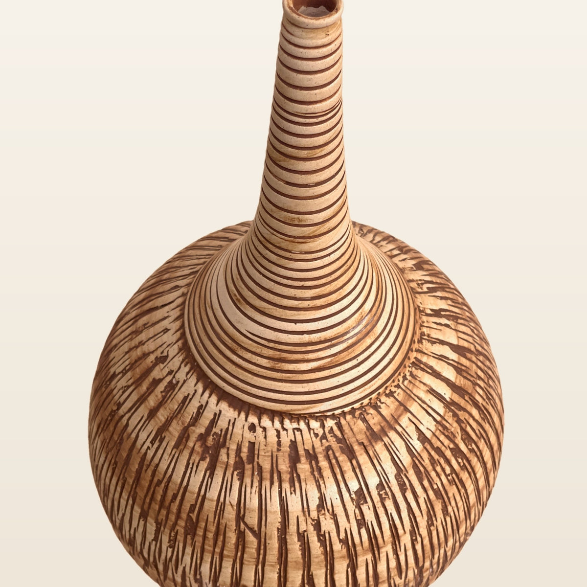 Imber Long-Neck ceramic vase in Earthy Brown, neck detail, rings climbing the slender neck