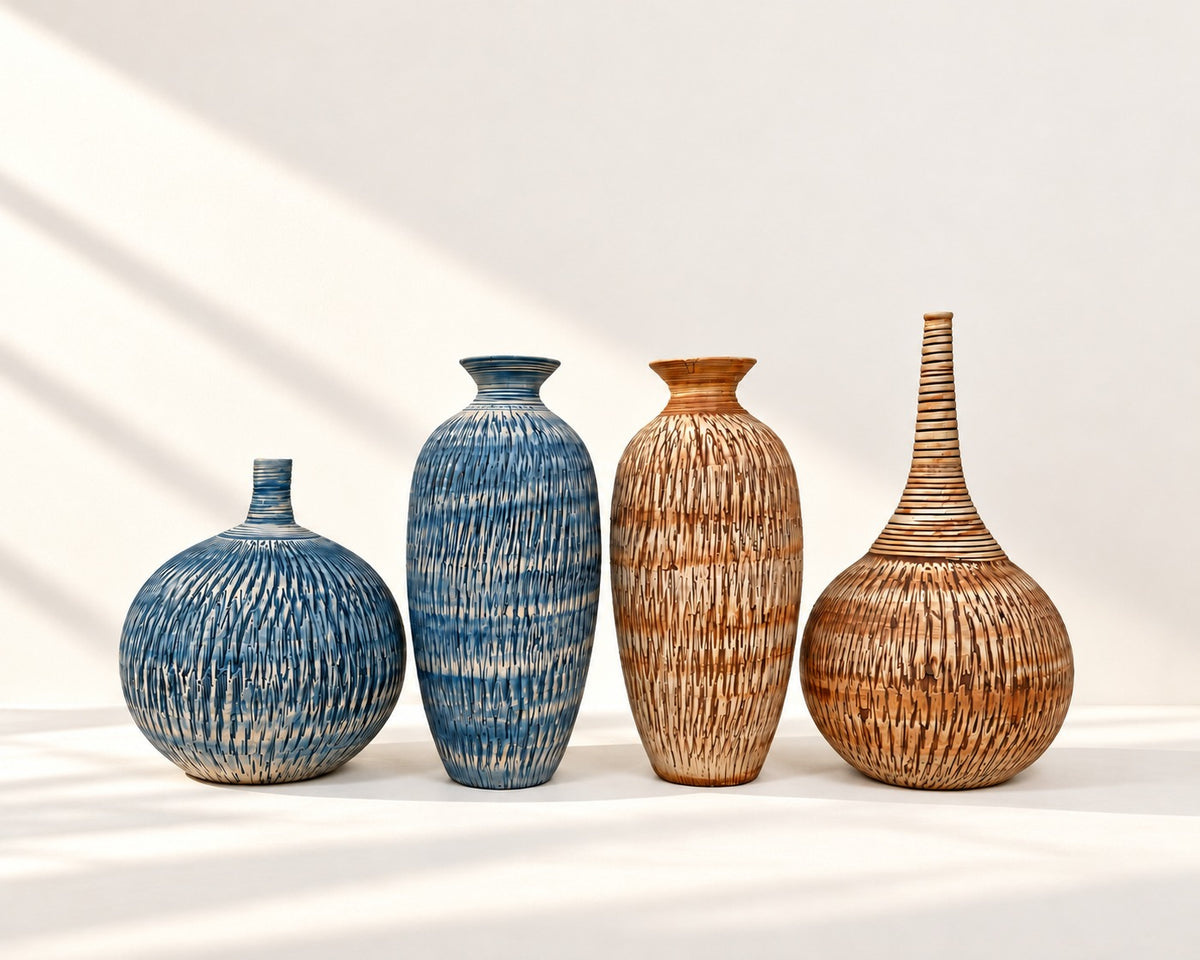 Four Imber ceramic vases in Ocean Blue and Earthy Brown