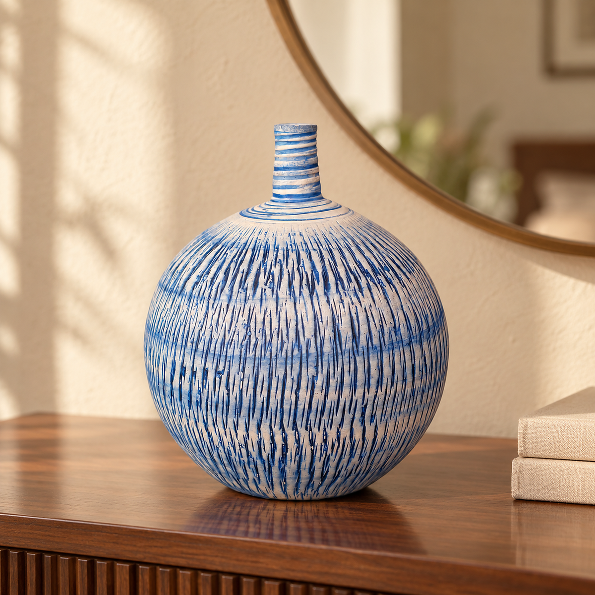 Imber Round Bud ceramic vase in Ocean Blue, front view
