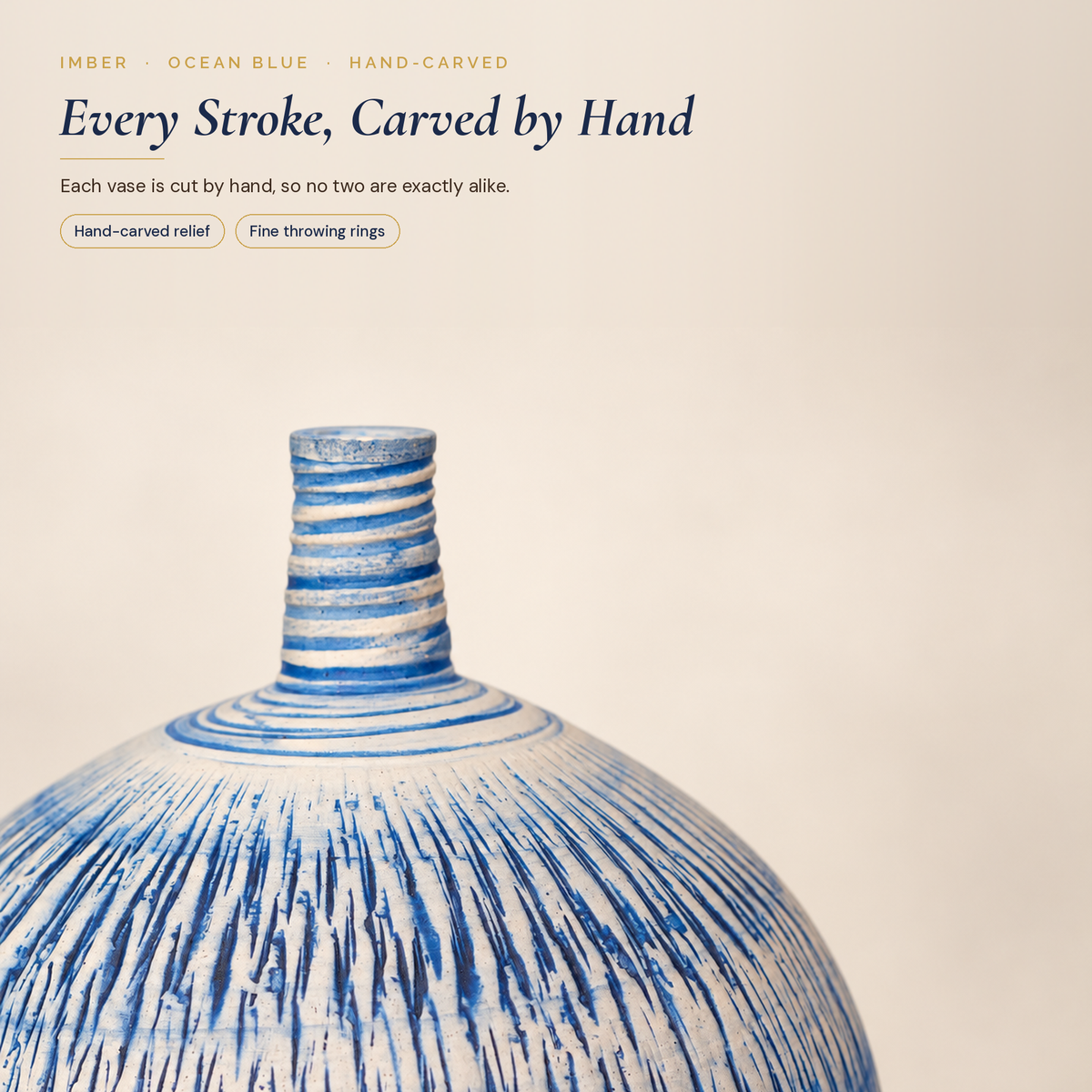 Hand-carved relief on the Imber Round Bud vase in Ocean Blue, close-up