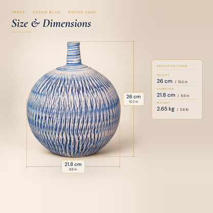Imber Round Bud vase in Ocean Blue with dimensions