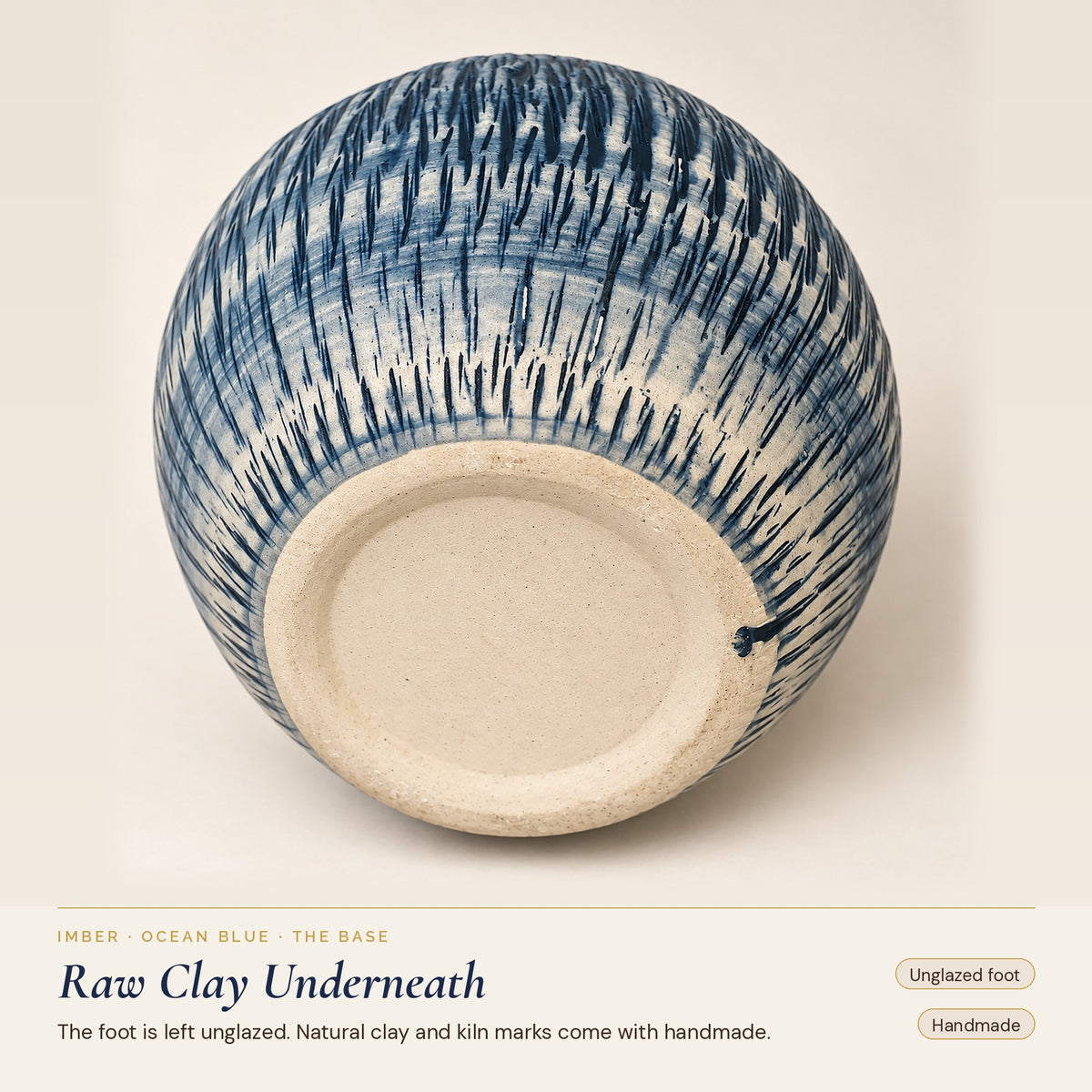 Imber Round Bud ceramic vase in Ocean Blue, unglazed base, natural clay and kiln marks