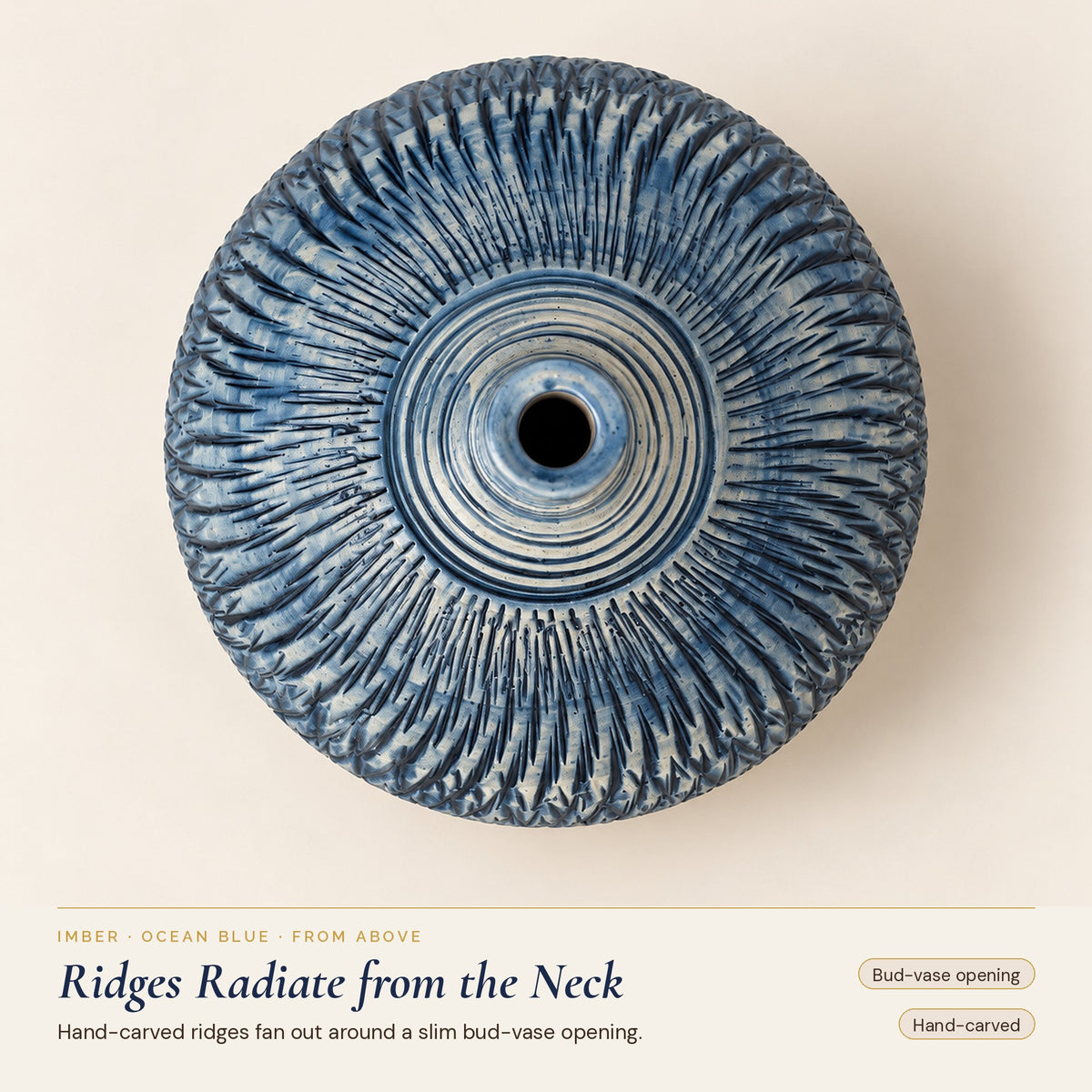 Imber Round Bud ceramic vase in Ocean Blue, seen from above, ridges radiating around the neck opening