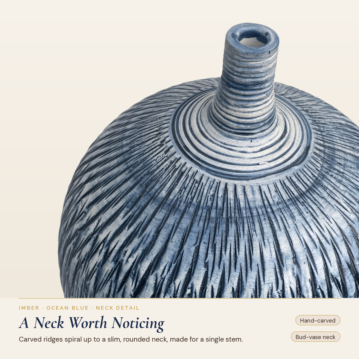 Imber Round Bud ceramic vase in Ocean Blue, neck detail, carved ridges spiral to the slim neck