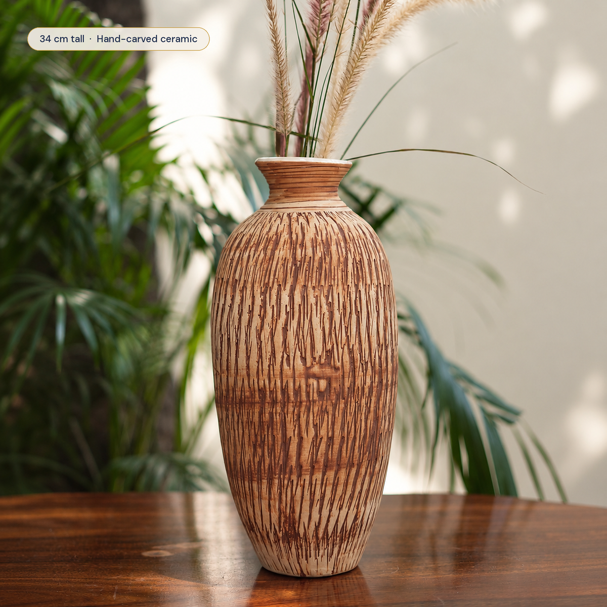 Imber Tall ceramic vase in Earthy Brown, styled in a room
