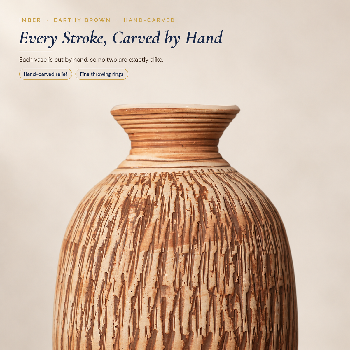 Hand-carved relief on the Imber Tall vase in Earthy Brown, close-up
