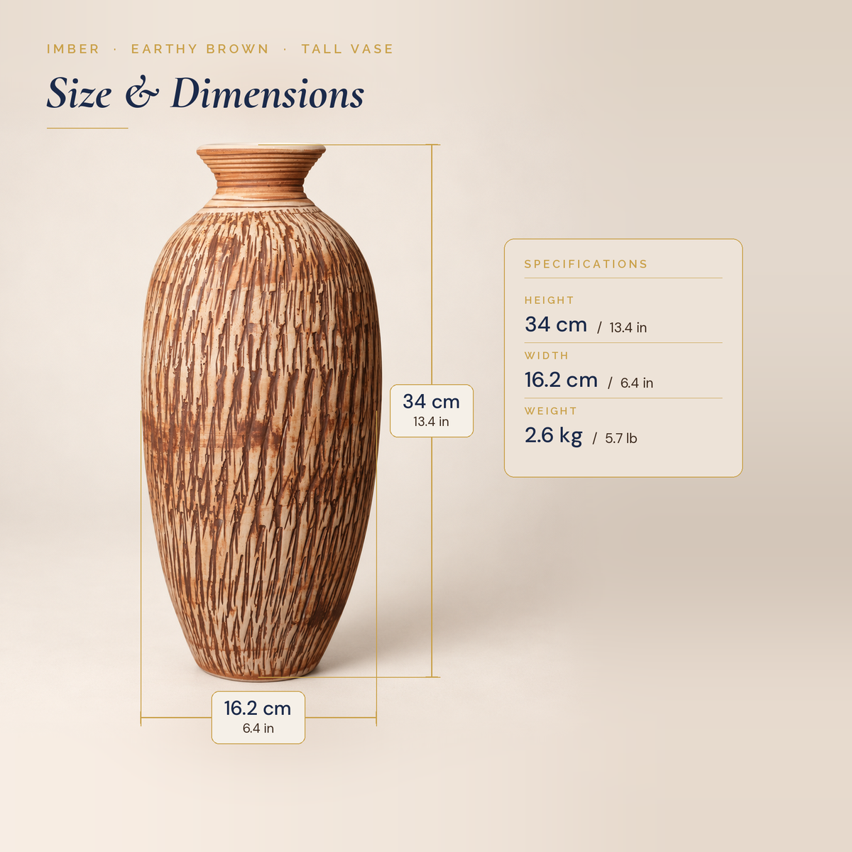 Imber Tall vase in Earthy Brown with dimensions