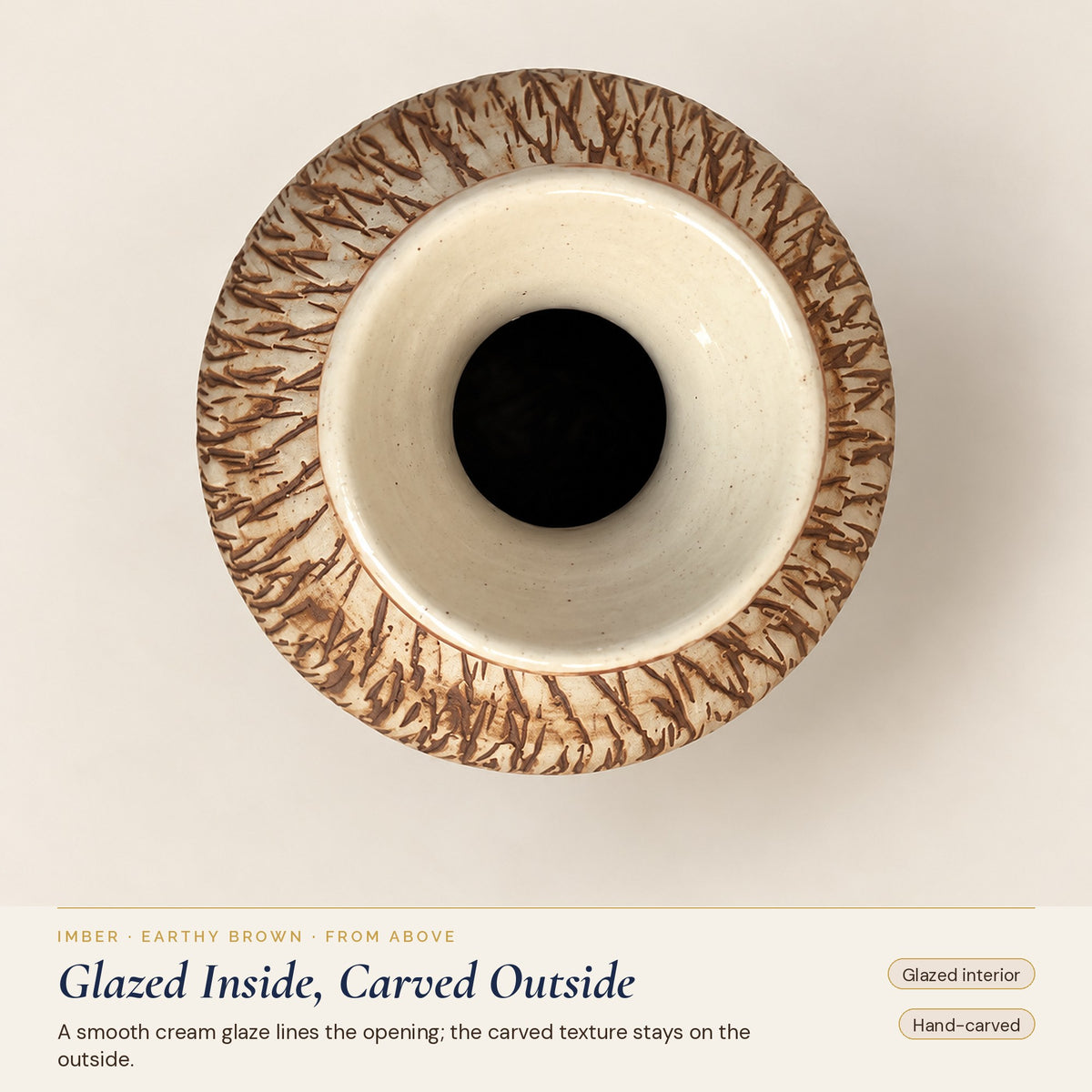 Imber Tall ceramic vase in Earthy Brown, seen from above, glazed interior and carved rim